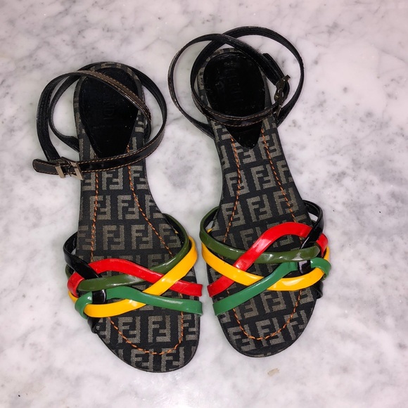 Fendi Shoes - Fendi Multicolor Strappy Logo Sandals - Red, Yellow, Green, Black
